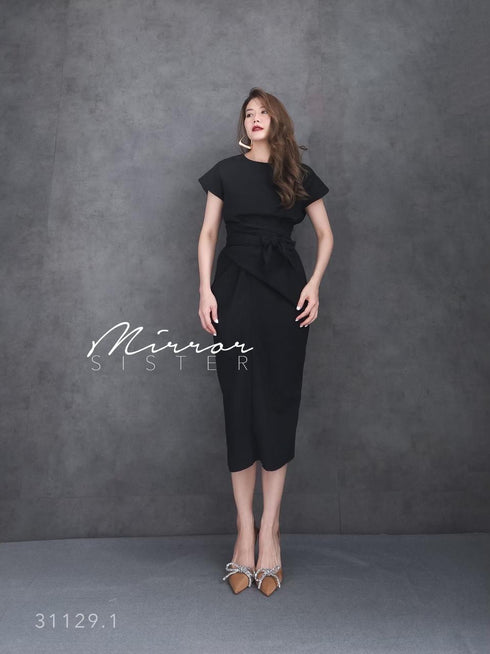 Women Classy Waist Tie Mid Length Back Slit Dresses